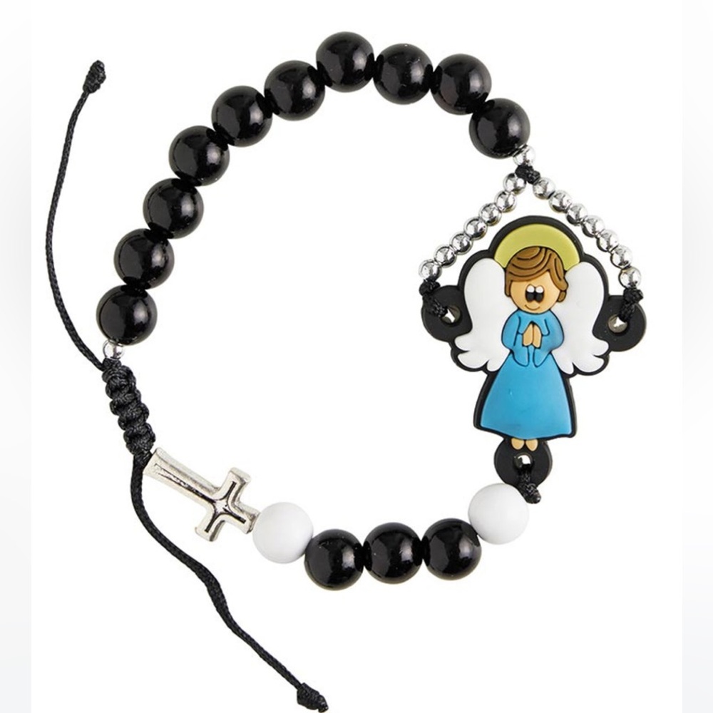 Black and White Beaded cord Boy Angel rosary Bracelet for Catholic boys new